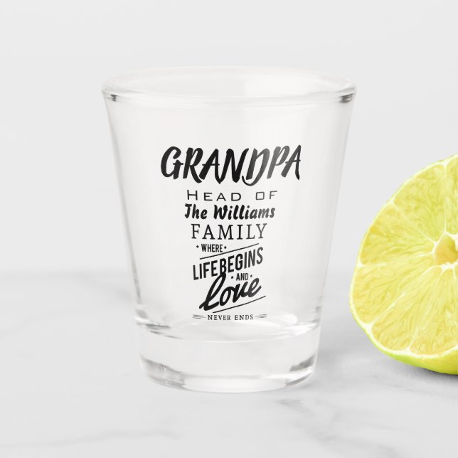 Grandpa Head of The Family where Love Never Ends Shot Glass (Front)