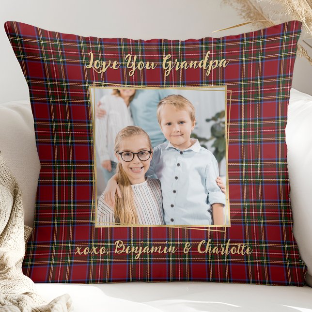 Grandpa Holiday Plaid Personalised Photo Christmas Cushion (Creator Uploaded)
