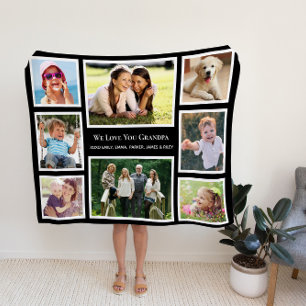 Grandpa Love You Photo Collage Personalised Black Fleece Blanket