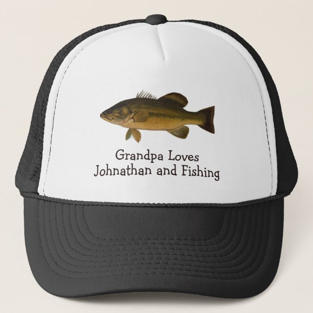 Grandpa Loves Child's Name and Fishing with Bass Trucker Hat (Front)