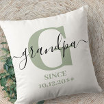 Grandpa Monogram Elegant Script Silver Green Cushion<br><div class="desc">Personalised pillow for a new grandpa or long established grandad, which you can customise with the date they became a grandfather. This trendy minimalist design has a subtle colour palette of silver green, black and white. It has a Grandpa monogram, with the initial letter G and the name grandpa, lettered...</div>