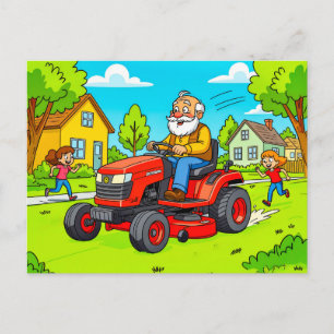 Grandpa mowing the lawn on a ride-on tractor holiday postcard