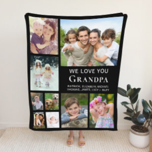 Grandpa Photo Collage Black Fleece Blanket