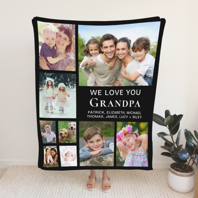 Grandpa Photo Collage Black Fleece Blanket (Creator Uploaded)