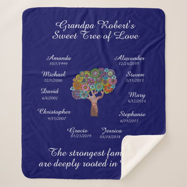 Grandpa Tree floral, White on Blue, 10 Names/Dates Sherpa Blanket (Front)