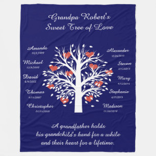 Grandpa Tree (hearts), White/Blue 10 Names & Dates Fleece Blanket