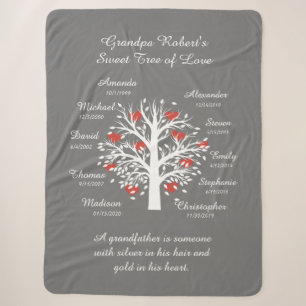 Grandpa Tree (hearts) White/Gray 10 Names & Dates Sherpa Blanket