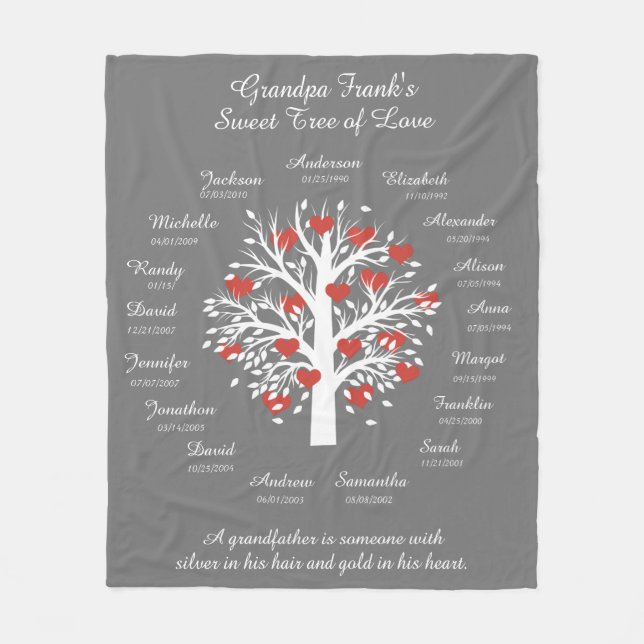 Grandpa Tree (hearts), White/Gray 17 Names & Dates Fleece Blanket (Front)