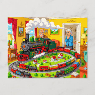 Grandpa with steam train on huge model railway holiday postcard