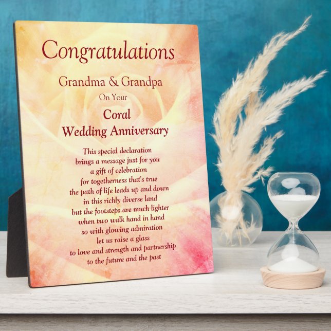 Grandparent Coral Wedding Anniversary  Plaque (Side)