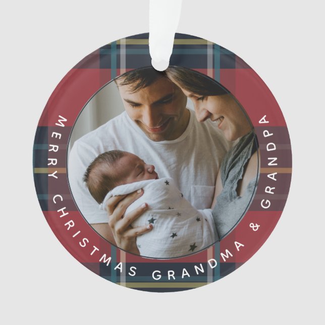 Grandparent Custom 2-photo Plaid Holiday Christmas Ornament (Front)