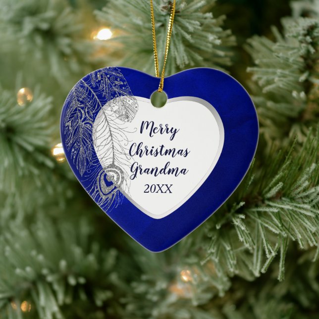 Grandparent Silver Feather Blue Heart Christmas Ceramic Tree Decoration (Tree)
