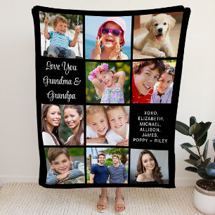Grandparents 10 Photo Collage Black Fleece Blanket