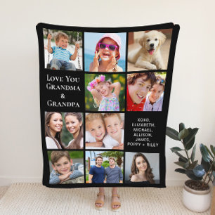 Grandparents 10 Photo Collage Black Fleece Blanket