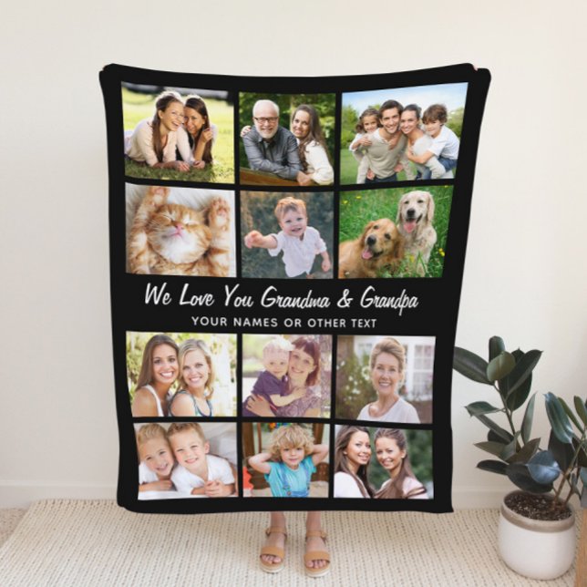 Grandparents 12 Photo Collage Black Fleece Blanket (Creator Uploaded)