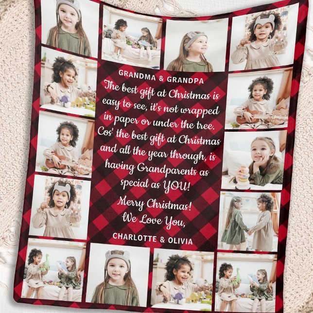 Grandparents 14 Photo Red Buffalo Plaid Christmas Fleece Blanket (Creator Uploaded)