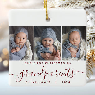 Grandparents 1st Christmas 3 Photo Burgundy Script Ceramic Ornament