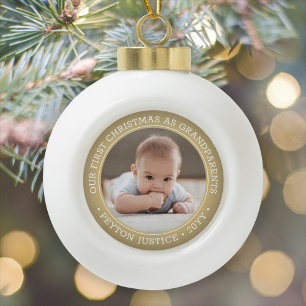 Grandparents 1st Christmas Baby Photo Gold & White Ceramic Ball Christmas Ornament