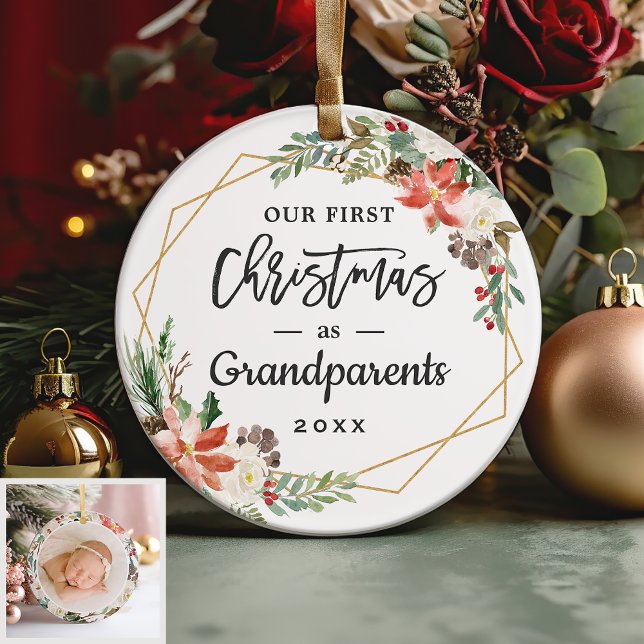 Grandparents 1st Christmas Geometric Floral Photo Ornament (Sample)