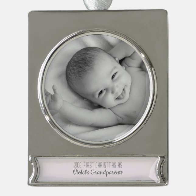 Grandparents 1st Christmas Personalised Name Photo Silver Plated Banner Ornament (Front)
