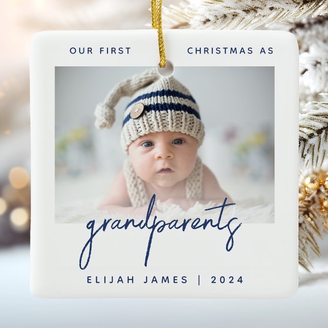 Grandparents 1st Christmas Photo Minimalist Blue Ceramic Ornament (Creator Uploaded)