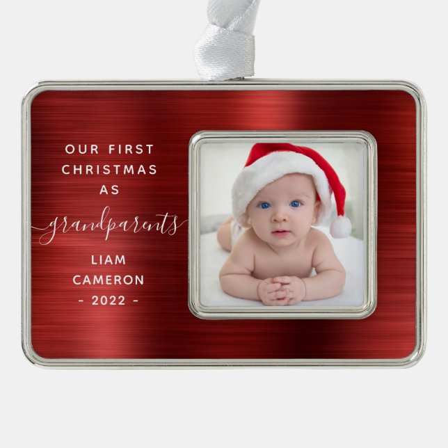 Grandparents 1st Christmas Photo Red Brushed Metal Silver Plated Framed Ornament (Front)