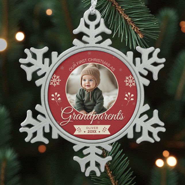 Grandparents 1st First Christmas Photo  Snowflake Pewter Christmas Ornament (Creator Uploaded)