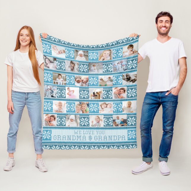 Grandparents 24 Photo Nordic Snowflake Sweater Fleece Blanket (In Situ)