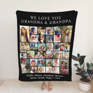 Grandparents 30 Photo Collage Black Fleece Blanket