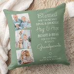 Grandparents 3 Photo Personalised Sage Green Cushion<br><div class="desc">Celebrate your grandparents with a custom photo collage pillow. This unique grandparents pillow is the perfect gift whether its a birthday, Grandparents day or Christmas. We hope your special keepsake grandparent gift will become a treasured keepsake for years to come. . Quote " Blessed are those who Spoil & Snuggle,...</div>