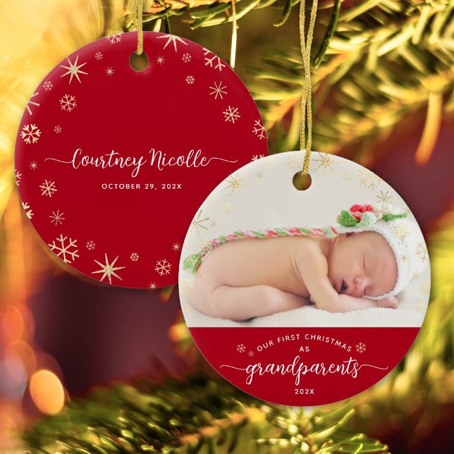 Grandparents Baby First Christmas Snowflakes Photo Ceramic Tree Decoration (Creator Uploaded)
