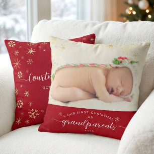 Grandparents Baby First Christmas Snowflakes Photo Cushion