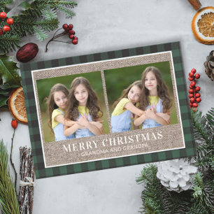 Grandparents Christmas 2 Photo Green Buffalo Plaid Card