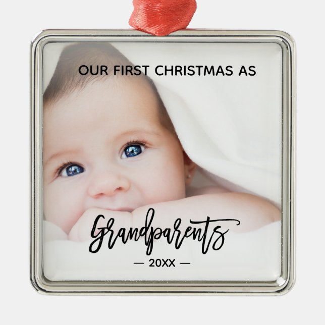 Grandparents First Christmas Baby Photo Metal Tree Decoration (Front)