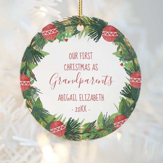 Grandparents First Christmas Baby Photo Wreath Ceramic Tree Decoration (Creator Uploaded)