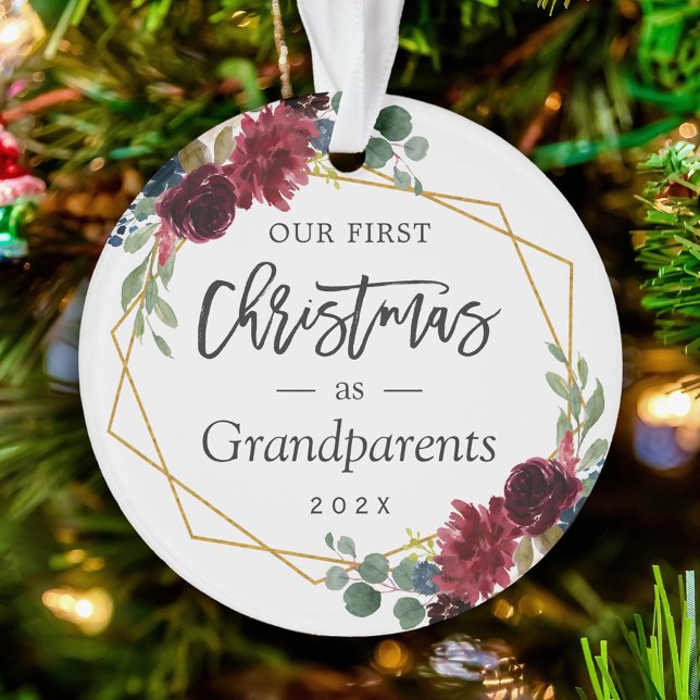 Grandparents First Christmas Burgundy Floral Photo Ornament (Creator Uploaded)