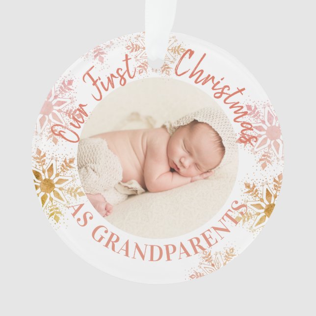 Grandparents First Christmas Gold Blush Snowflakes Ornament (Front)