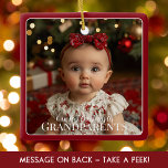 Grandparents First Christmas Grandchild Newborn Ceramic Ornament<br><div class="desc">Grandparents First Christmas Grandchild Newborn Red Ceramic Ornament: Celebrate a cherished milestone with this beautiful ornament, designed to mark the first Christmas of your little one for the proud grandparents in your life. The front features a delightful photo of your baby framed in a vibrant red background with a classic...</div>