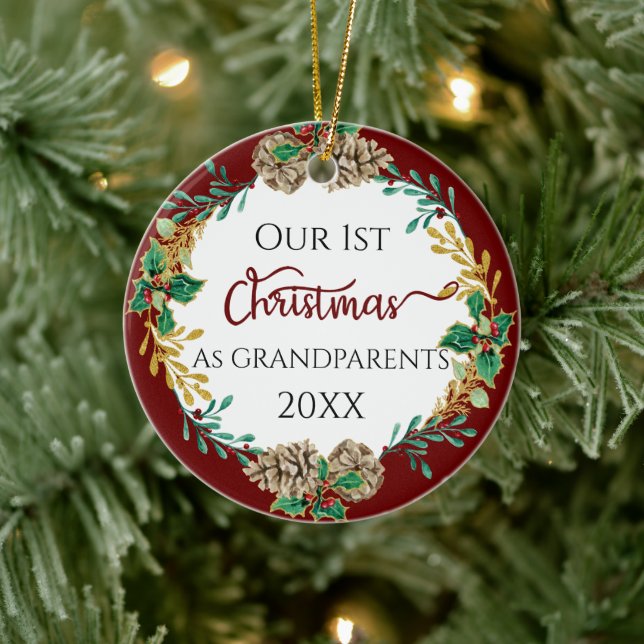 Grandparents First Christmas Holly Pine Cone Photo Ceramic Tree Decoration (Tree)