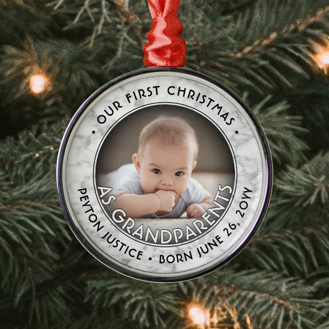 Grandparents First Christmas One Photo Faux Marble Metal Tree Decoration (Creator Uploaded)