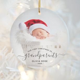 Grandparents First Christmas Photo Black Script Ceramic Tree Decoration