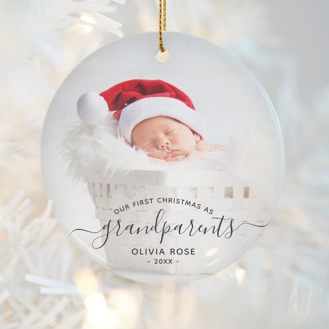 Grandparents First Christmas Photo Black Script Ceramic Tree Decoration (Creator Uploaded)