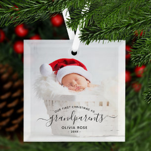 Grandparents First Christmas Photo Black Script Glass Tree Decoration