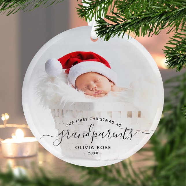 Grandparents First Christmas Photo Black Script Glass Tree Decoration (Creator Uploaded)
