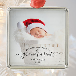 Grandparents First Christmas Photo Black Script Metal Tree Decoration