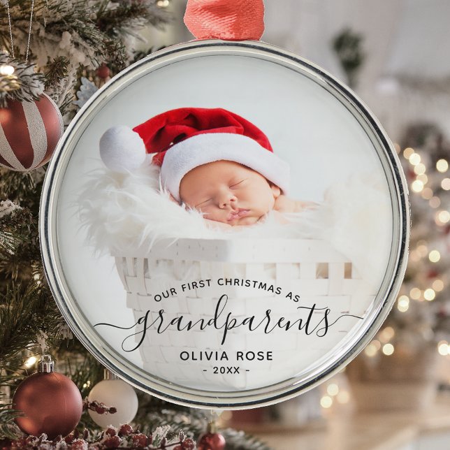 Grandparents First Christmas Photo Black Script Metal Tree Decoration (Creator Uploaded)