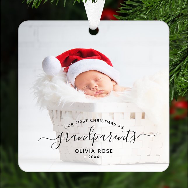 Grandparents First Christmas Photo Black Script Metal Tree Decoration (Creator Uploaded)