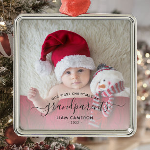 Grandparents First Christmas Photo Black Script Metal Tree Decoration