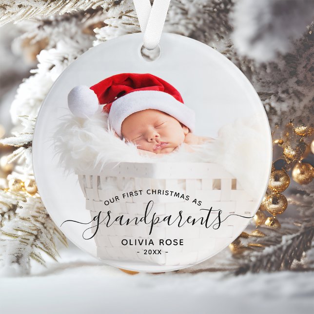 Grandparents First Christmas Photo Black Script Ornament (Creator Uploaded)