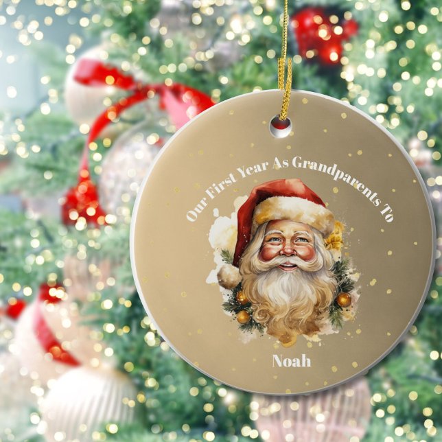 Grandparents First  Christmas Photo Gold Santa  Ceramic Tree Decoration (Creator Uploaded)